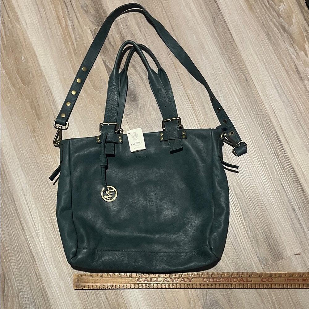 I Medici Italian Leather  Medium Green Tote with Gold Accents